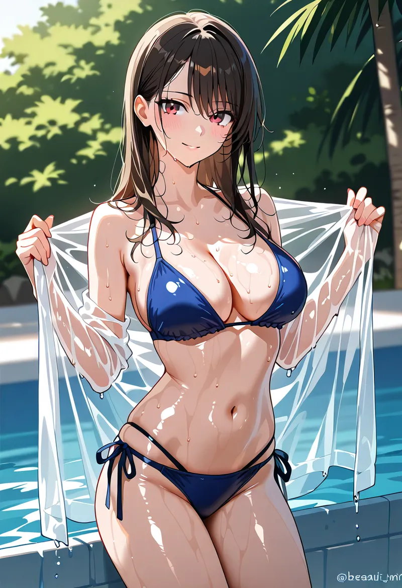 青い水辺を背景に、黒髪の少女が透き通ったシャツを羽織った夏のポートレート。柔らかな日差しが肌に映り、爽やかな笑顔が魅力的なアニメ調イラストです。