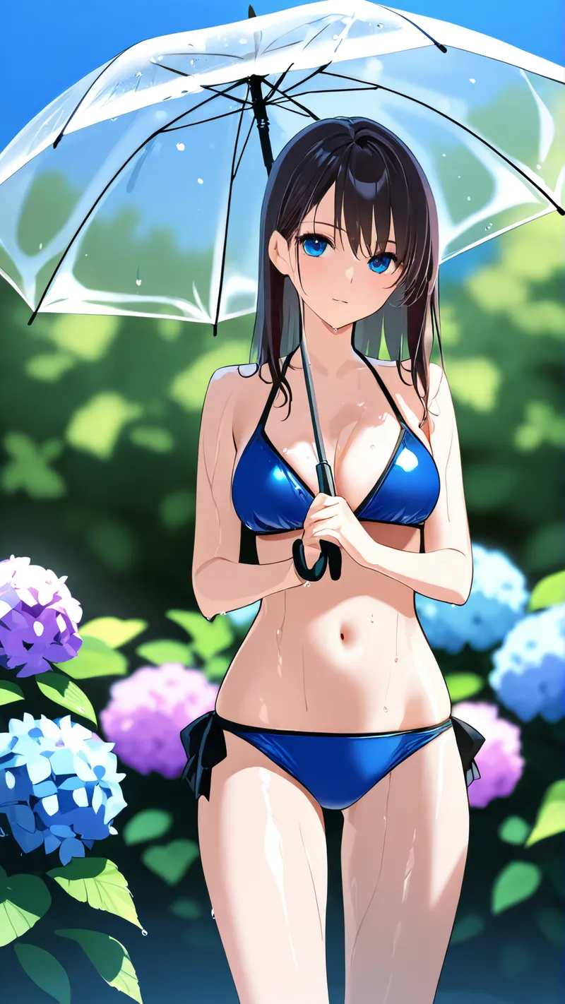 澄んだ青い瞳が印象的な黒髪の美少女が、白い透明傘を手に花園に佇んでいます。背景には紫や青の紫陽花が咲き、爽やかな初夏の風情が漂うアニメ調のポートレートです。