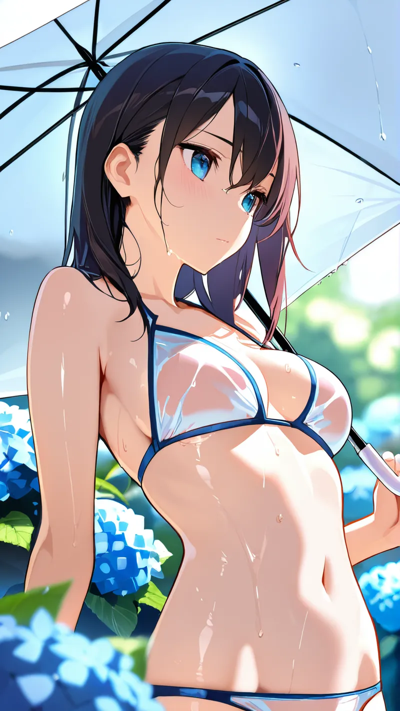 黒髪に青い瞳が印象的な美少女が、傘を持ったシーンです。爽やかな色合いの背景に、紫陽花が咲く雨の情景が描かれており、落ち着いた表情とみずみずしい肌の質感が特徴的なアニメイラストです。