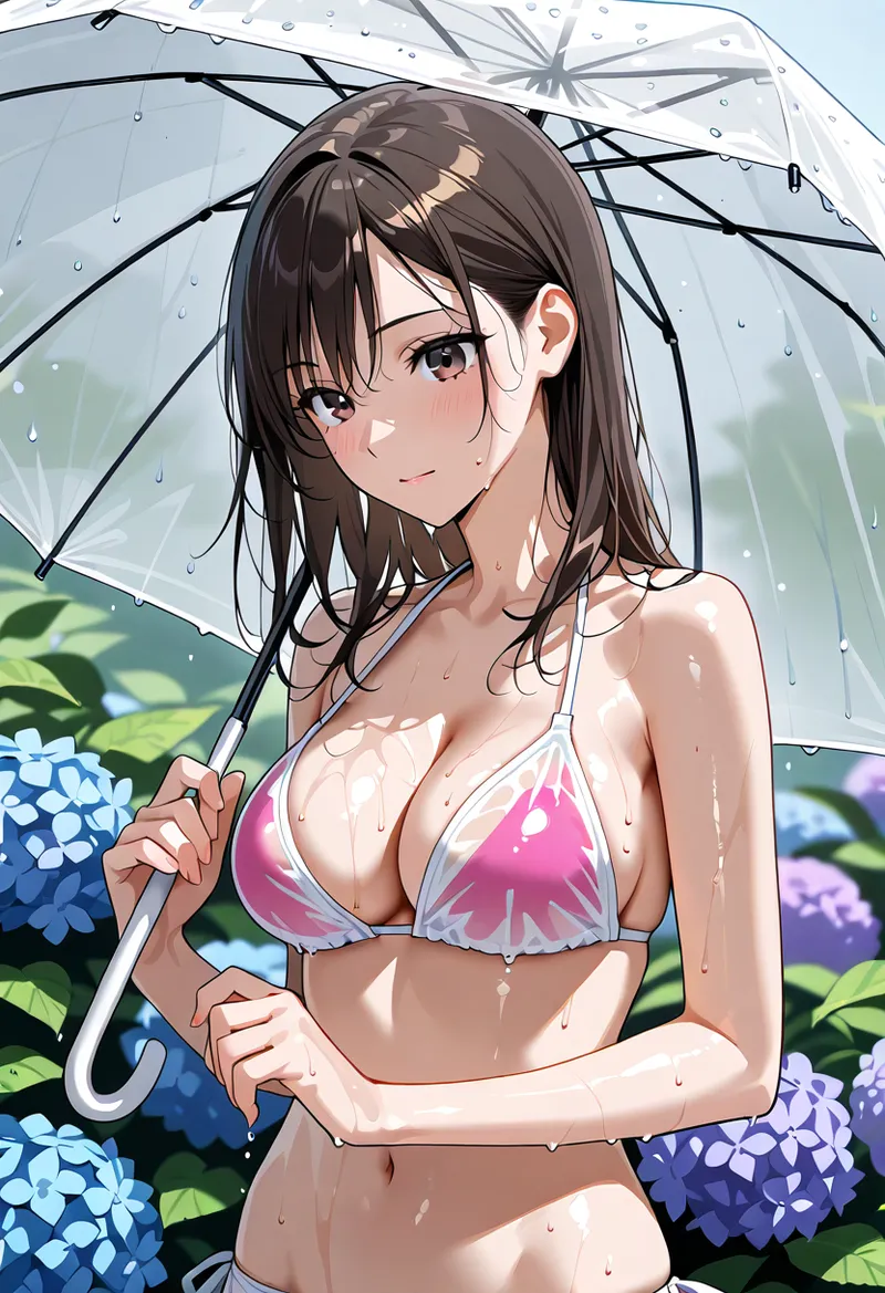 雨の中、透明な傘を持つ黒髪の少女がピンク色の水着姿で紫陽花に囲まれた庭に佇んでいます。雨粒が光り、青紫の花々が背景に映える涼やかなアニメ調イラストです。