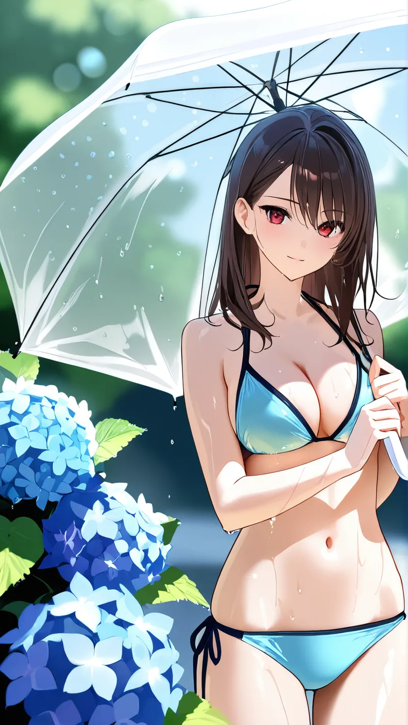透明な傘を差し、瑞々しい青い紫陽花に囲まれた屋外で、赤紫色の瞳が印象的な黒髪のアニメ調美少女が優雅に佇むポートレート。雨粒がしとしと降り注ぐ爽やかな季節の情景です。