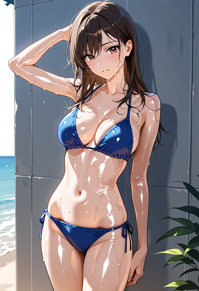 明るい窓際で海を背景に、青いビキニ姿の少女がリラックスした表情で手を上げるアニメ調イラスト。光と影の表現で夏の爽やかな雰囲気が描かれています。