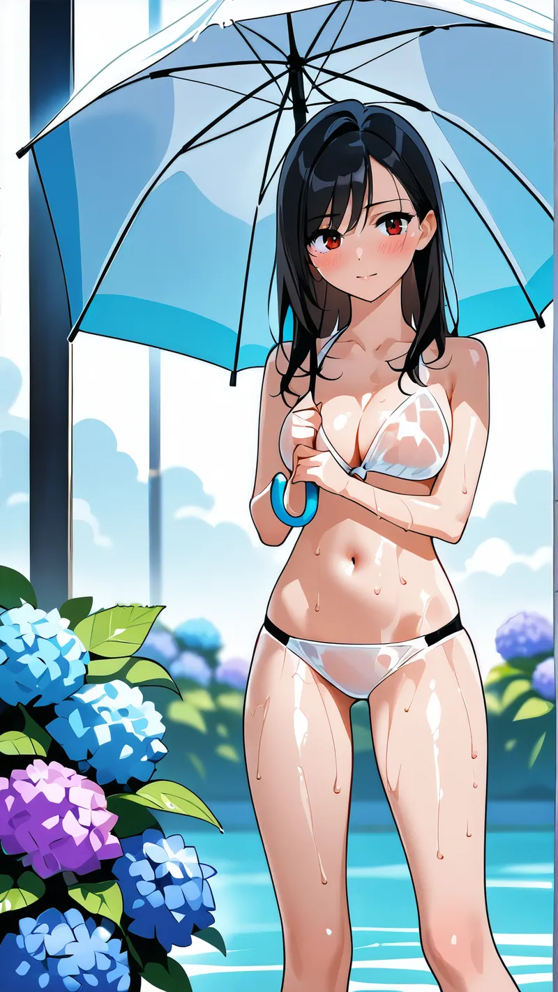 黒髪の美少女が透明感のある青い傘を持ち、紫陽花が咲く庭で雨に濡れた優雅な表情を見せるアニメ調イラスト。爽やかな水色の空間と花々に包まれた清楚な世界観が魅力です。