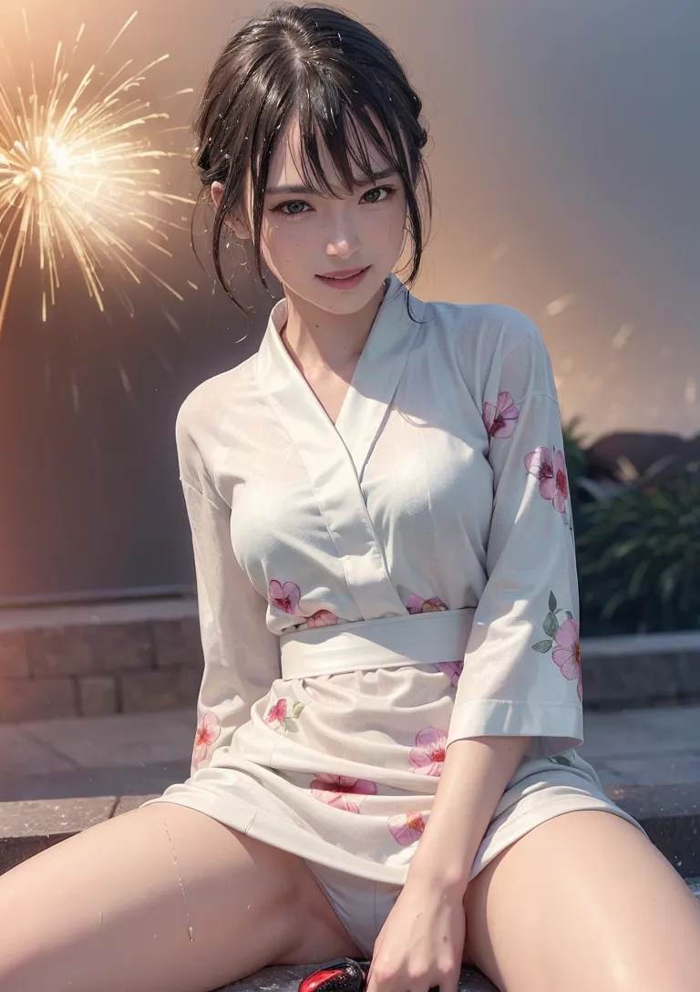 ピンク色の花が優雅に描かれた白い和装を身にまとい、夕焼けの光の中で穏やかな表情で微笑む美少女のポートレートです。後ろ髪をまとめた清楚な雰囲気と、逆光の中で輝く瞬間が儚い美しさを引き出しています。