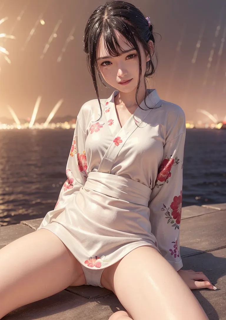 逆光に包まれた夕暮れの港で、赤い花柄が優雅に映える白い着物を身にした少女が、柔らかい表情で座っています。黒髪を後ろでまとめた横顔と、静寂の中の物思いに耽った雰囲気が印象的なポートレート作品です。
