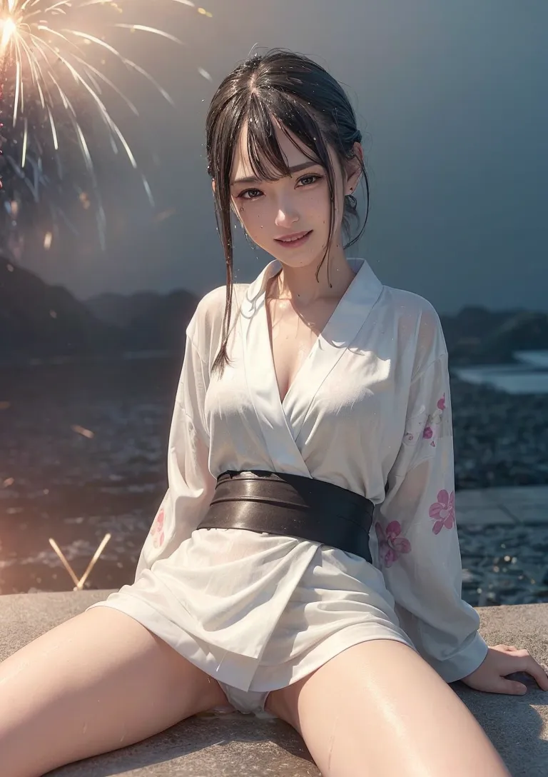 白い着物に黒い帯を締めた少女が、波打ち際の岩場で優雅に佇んでいます。夕日と花火に照らされた幻想的な景色の中で、柔らかな笑顔を見せる清楚な表情が印象的なポートレートです。