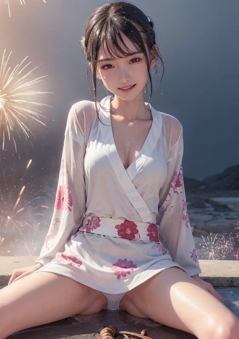 白い花柄の和装姿で浜辺に座る美少女のイラストです。打ち上がる花火を背景に、柔らかな笑顔を見せるエレガントな表情と、夏の夜景が幻想的に表現されています。