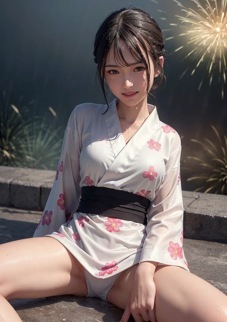 白地にピンク色の花が描かれた浴衣姿の美少女が、夜空の花火を背景に柔らかく微笑んでいます。黒髪をまとめた清楚な表情と、夏の夜の情景が優雅に調和したアニメ調イラストです。