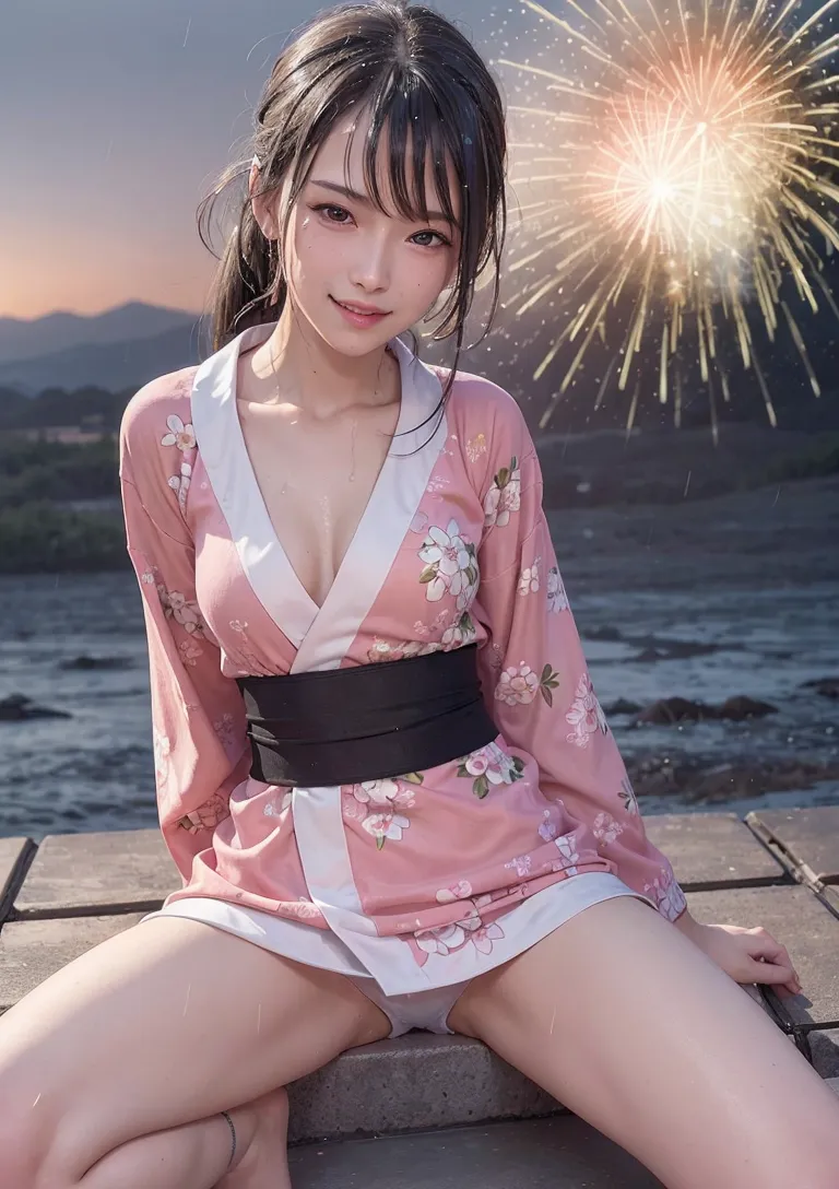 ピンク色の花柄浴衣に黒帯を締めた美少女が、夜の湖畔で花火を背に佇んでいます。夕焼け色の空と水面の景色に包まれた、夏祭りの情緒的な一枚です。
