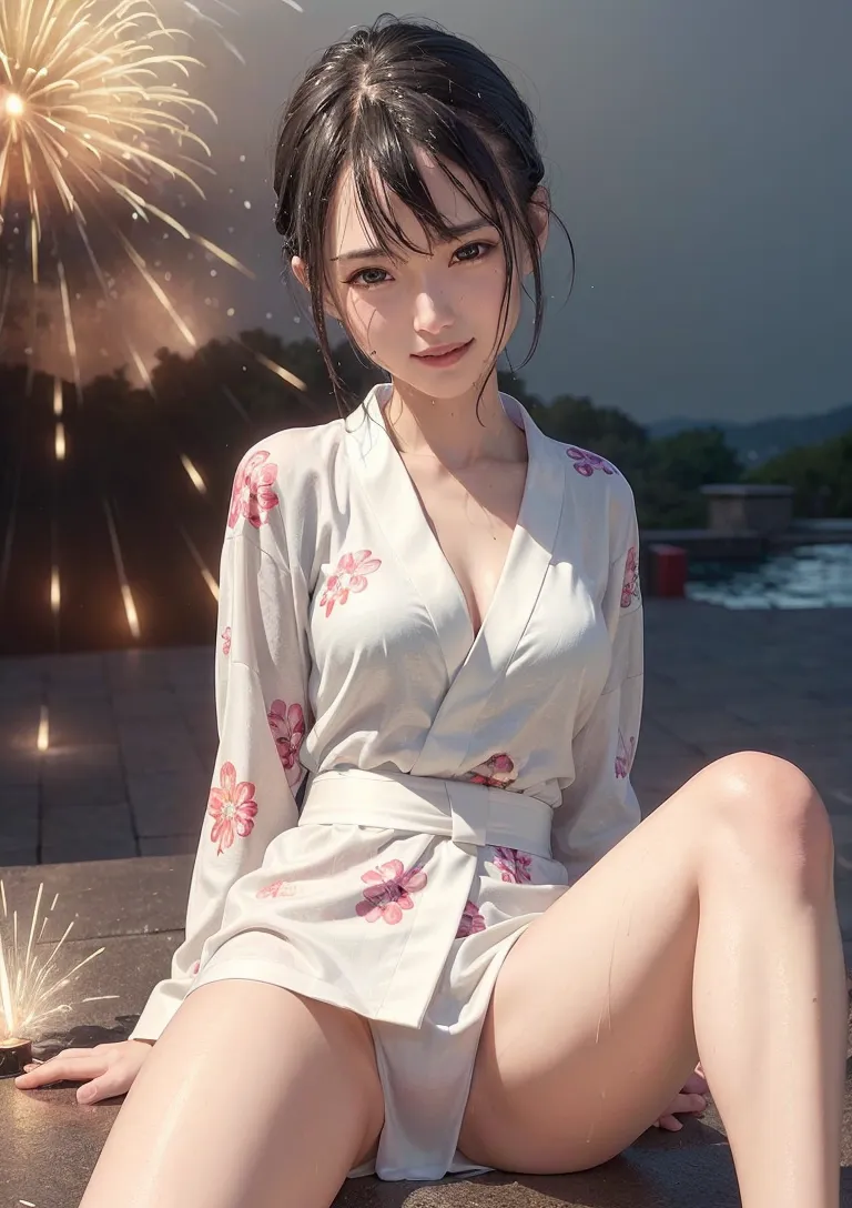 白い浴衣に赤い花柄を配した清楚な美少女が、夜景の川辺で穏やかな笑顔を浮かべています。背景に舞う花火の光が幻想的な雰囲気を演出する、夏祭りの情景を切り取ったアニメ調イラストです。