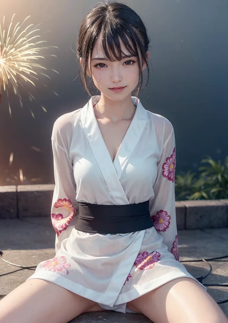 白い浴衣に花柄刺繍を施した美少女が、夜空の花火を背景に穏やかな表情で佇んでいます。黒帯で引き締めた上品な姿は、夏祭りの涼しげな情景を象徴する一枚です。