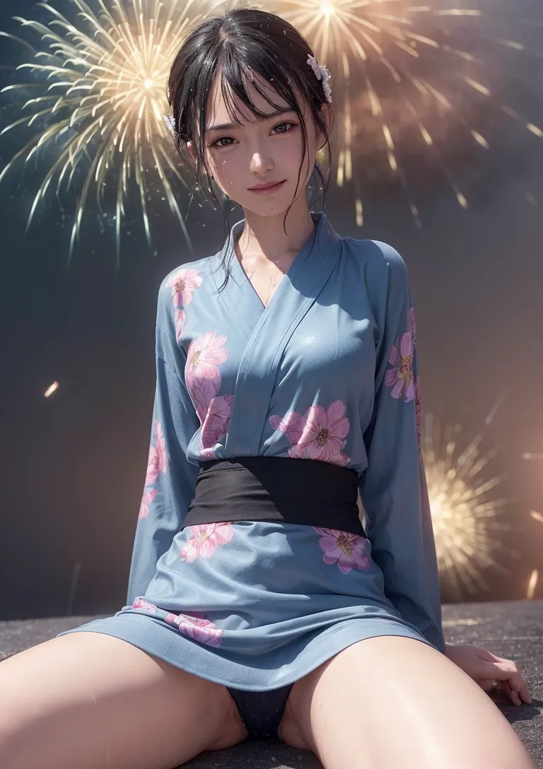 淡い青の浴衣に桜柄を合わせた美少女が、夜空の花火を背景に静かな微笑みを浮かべています。黒帯が引き締める上品な佇まいと、光に包まれた夏祭りの情景が印象的な一枚です。