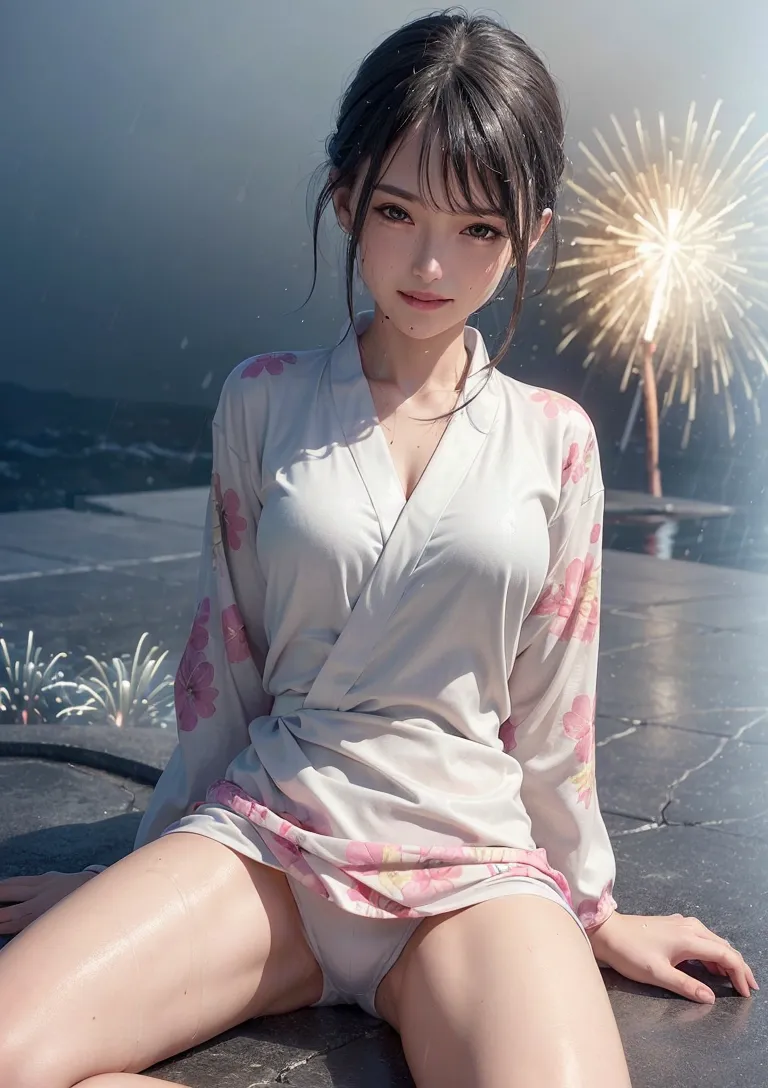 白地に花模様の浴衣姿で、夜の海辺に座る少女のポートレート。背景に打ち上がる花火が光り、静寂と華やかさが共存する夏祭りの情景を演出した一枚です。