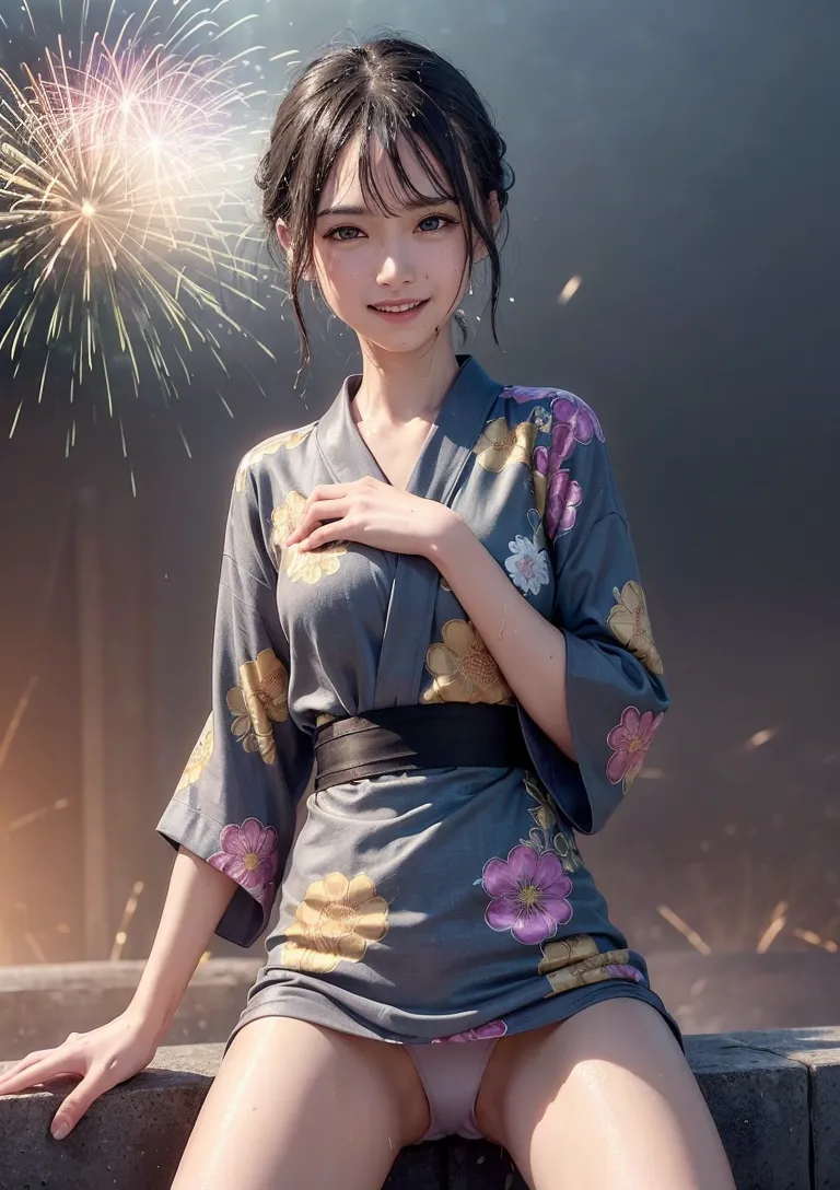 紺地に金と紫の花柄が映える着物を優雅に着こなした少女が、夜空に咲く花火を背景に微笑んでいます。柔らかな光と清涼感あふれる夏夜の情景を捉えたアニメ調イラストです。