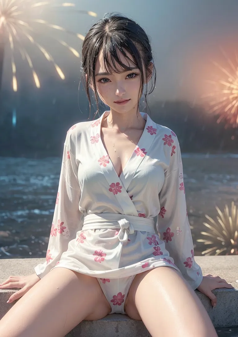 白地に淡紅の花が描かれた着物姿で、海辺の石の上に佇む清楚な表情の少女。夕焼けに染まる空と逆光が生み出す幻想的な雰囲気が、儚くも優雅なポートレートを印象づけます。