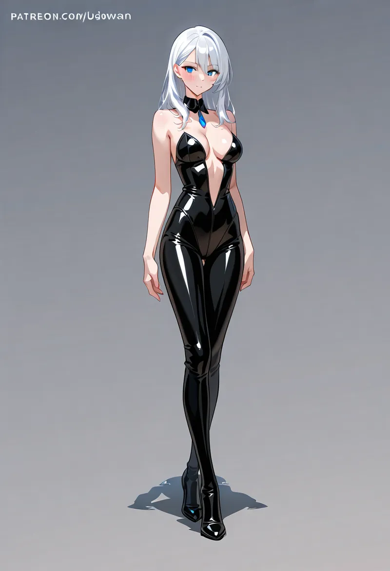 銀色に輝く長髪と澄んだ青い瞳が印象的な美少女イラスト。黒い光沢素材の個性的なアウトフィットと首元の黒いリボンアクセサリーが、洗練された雰囲気を演出しています。グレーの背景に映える艶やかなスタイリングです。