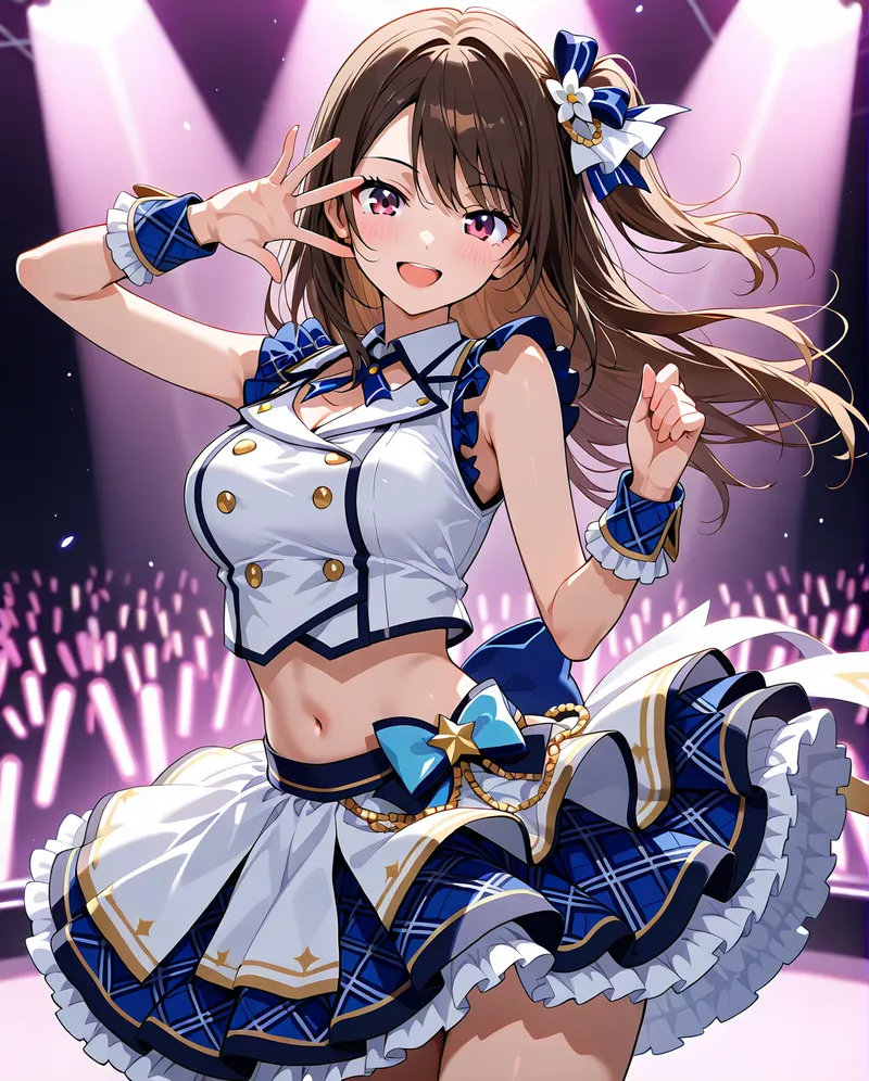 紫色のライト溢れるステージで、チェック柄のスカートと白いトップスを身にまとった美少女が、青い髪飾りをつけて元気いっぱいのポーズをとっています。きらびやかなアニメ調の背景と、キュートな表情が印象的なAI生成イラストです。