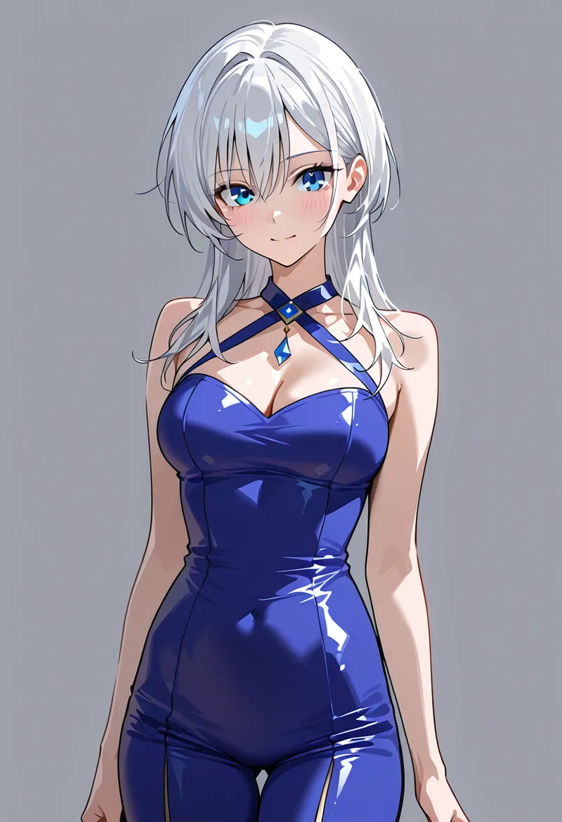 透明感のある白髪と青い瞳が印象的な美少女のアニメ調イラスト。深青色の光沢あるドレスに紺のリボン装飾をまとい、落ち着いた灰色背景の中で優雅な佇まいを見せています。