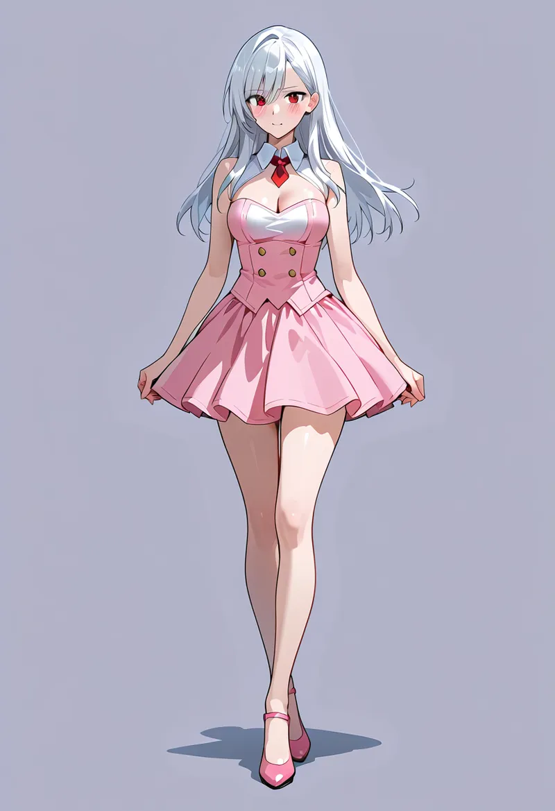 銀白の長髪と深紅の瞳が印象的な美少女が、ピンク色のコルセット付きワンピースドレスを纏う。赤いネクタイと濃いピンクの靴で統一された華やかなファッションイラストです。