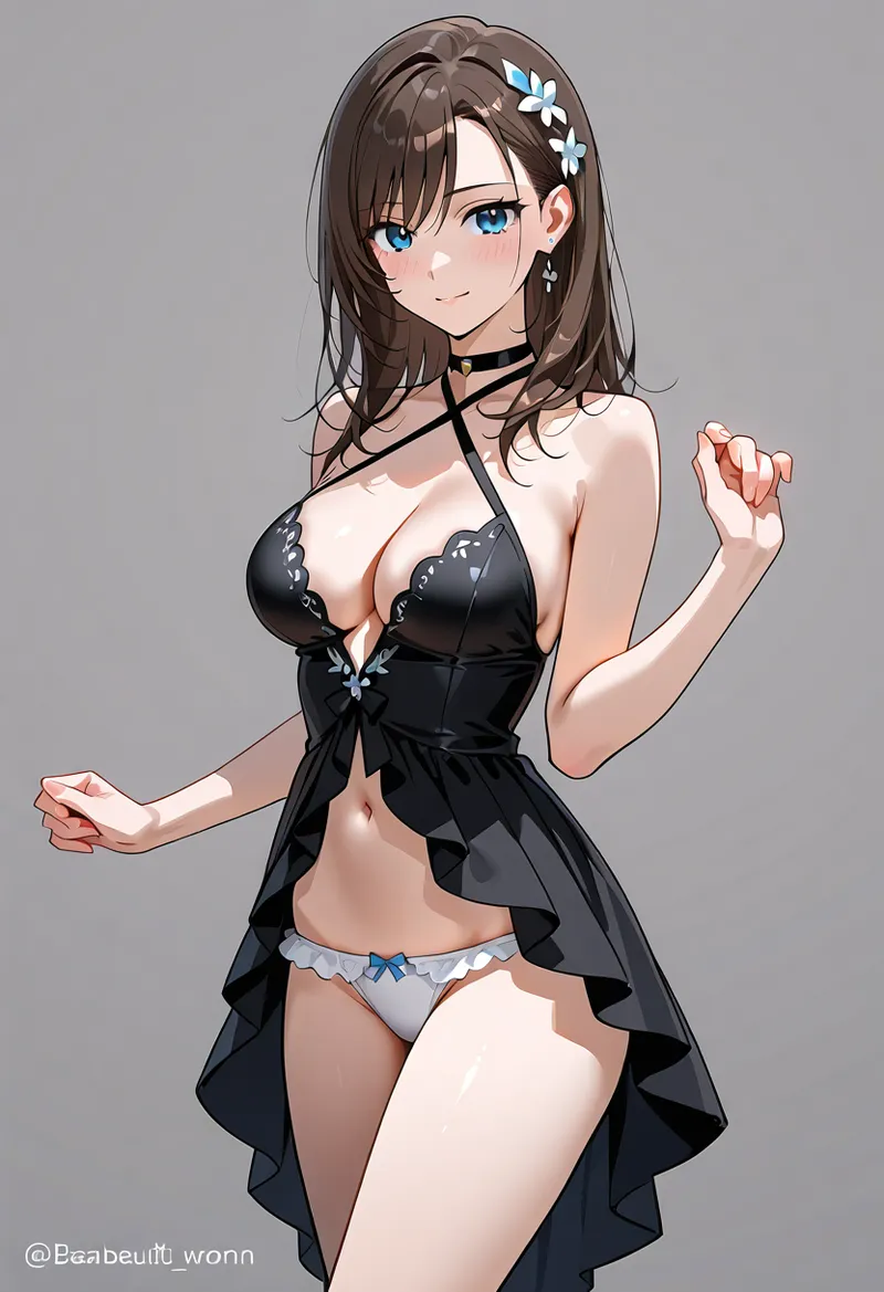 茶髪にブルーの花飾りを付けた美少女が、黒いハーフトップドレスを身に纏い、柔らかい表情で微笑むアニメ調ポートレート。洗練された衣装と清潔感あふれる表情が魅力的な作品です。