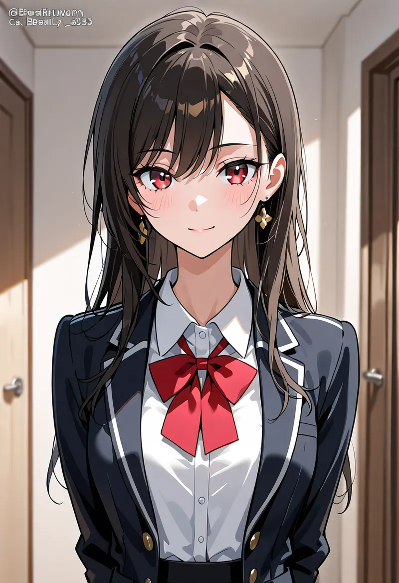 黒い長髪を姫カット風にまとめた清潔感溢れるポートレートです。紺色の学生服に赤いリボンを合わせ、廊下の柔らかい光の中で優しい表情を見せています。