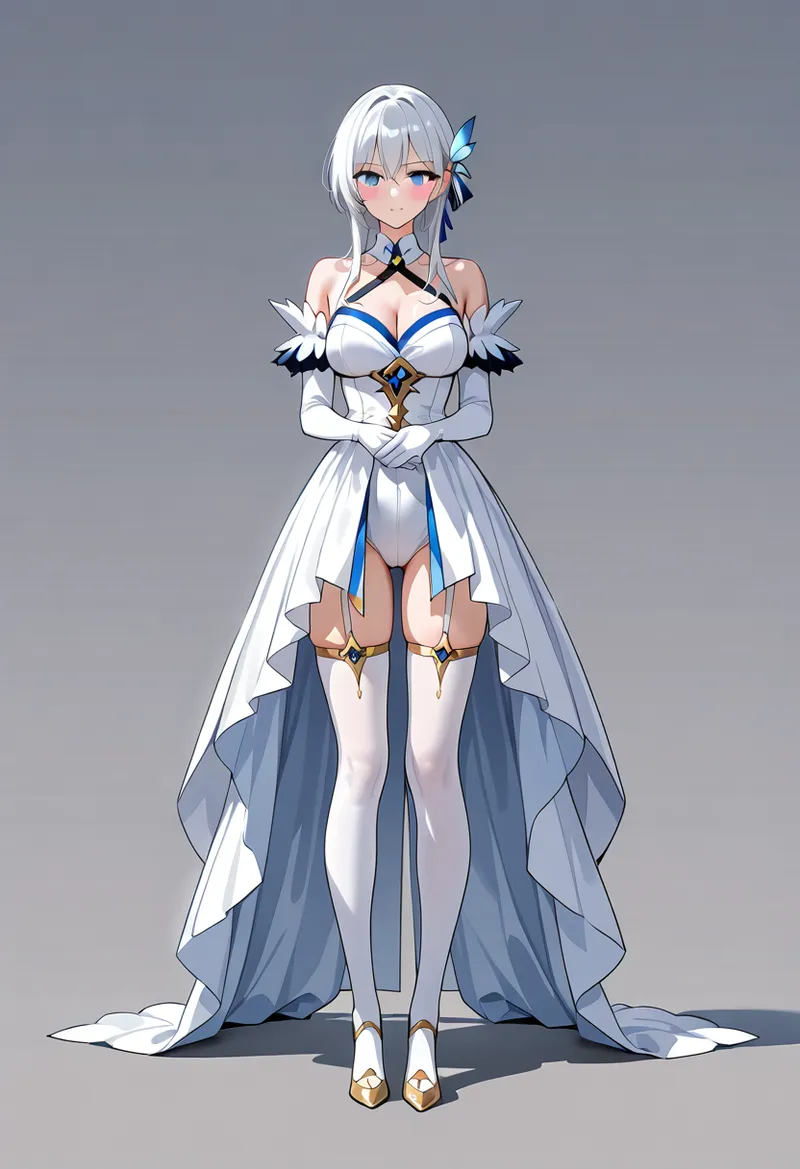 銀髪に青いリボンを結んだ美少女が、白と紺のグラデーション配色のドレスを纏った立ち姿のイラストです。羽のような装飾肩部と金色のアクセサリーが特徴的な、ファンタジー風の衣装デザインに仕上がっています。