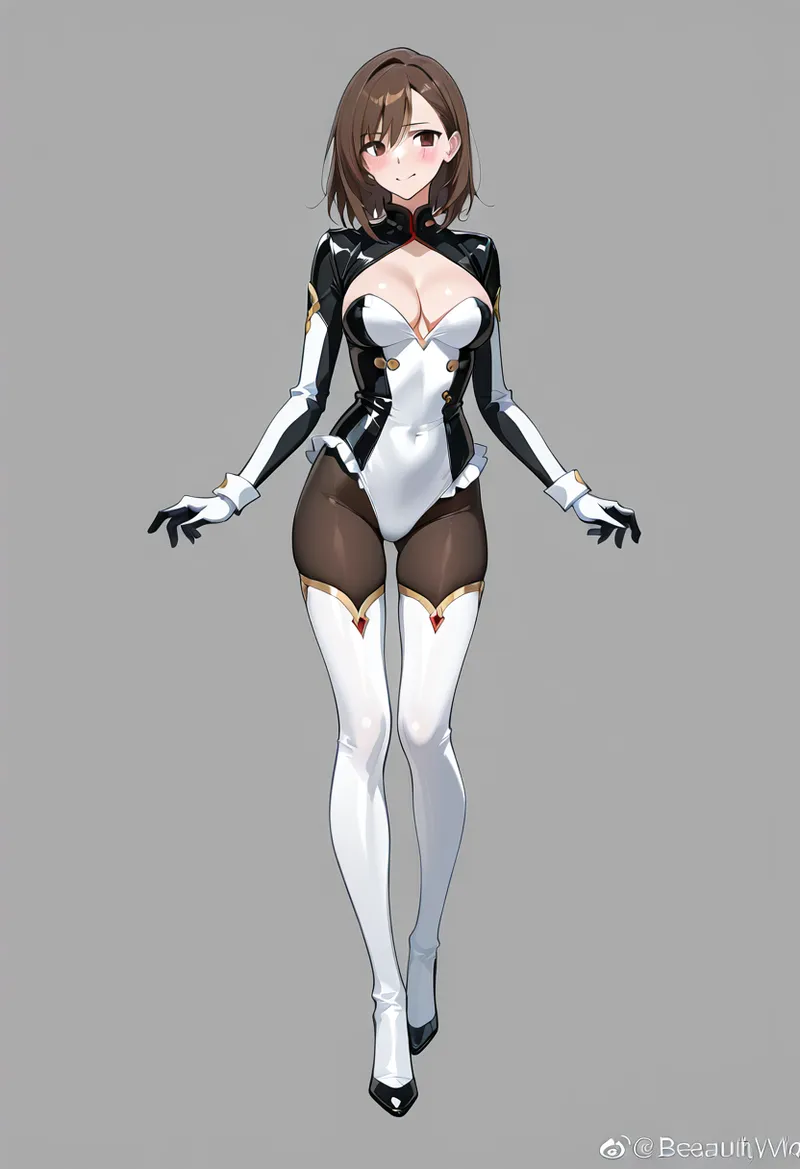 褐色の短髪に落ち着いた表情を浮かべた美少女キャラクターです。黒と白のコントラストが際立つモダンな衣装に白いニーハイソックスと黒いハイヒールを合わせた、洗練されたスタイリングが特徴的なイラストです。