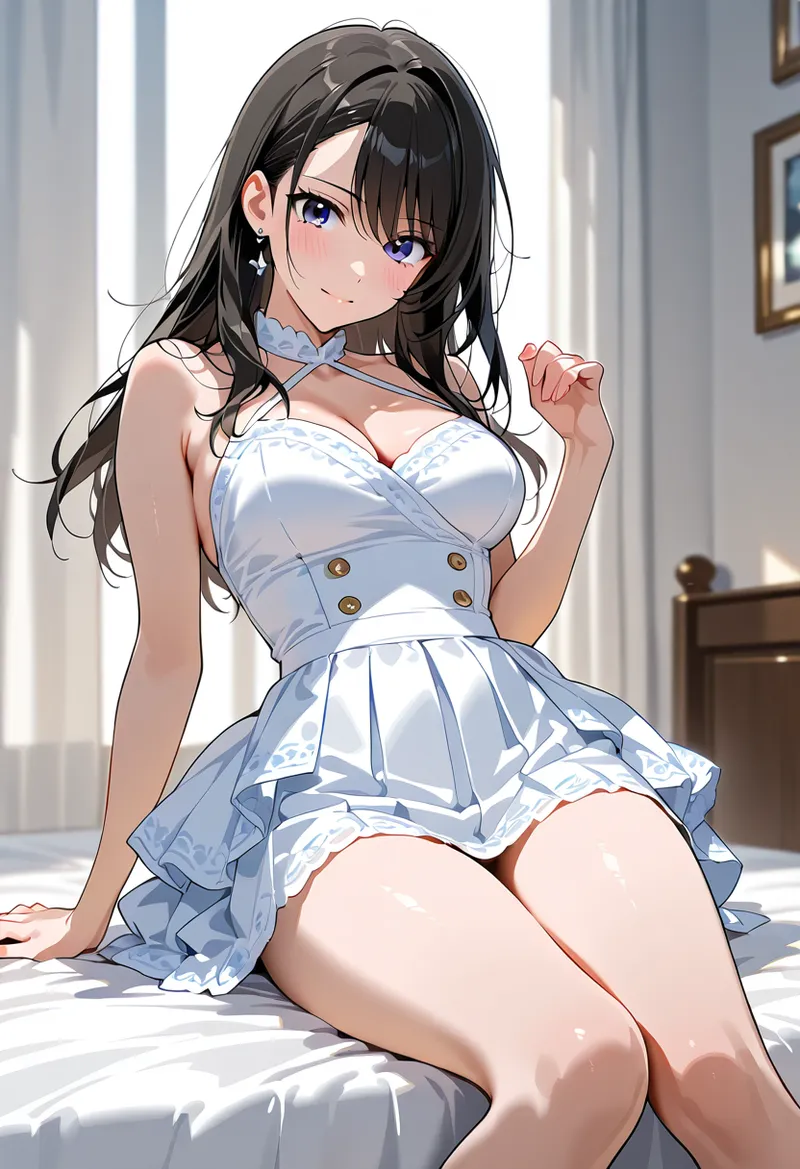 光溢れる室内で、黒髪ロングの美少女がアニメ調のイラストで描かれています。白いホルターネックドレスと青いリボンで優雅にまとめた姿が印象的で、柔らかな笑顔と紫色の瞳が魅力的なファッションモデルポートレートです。