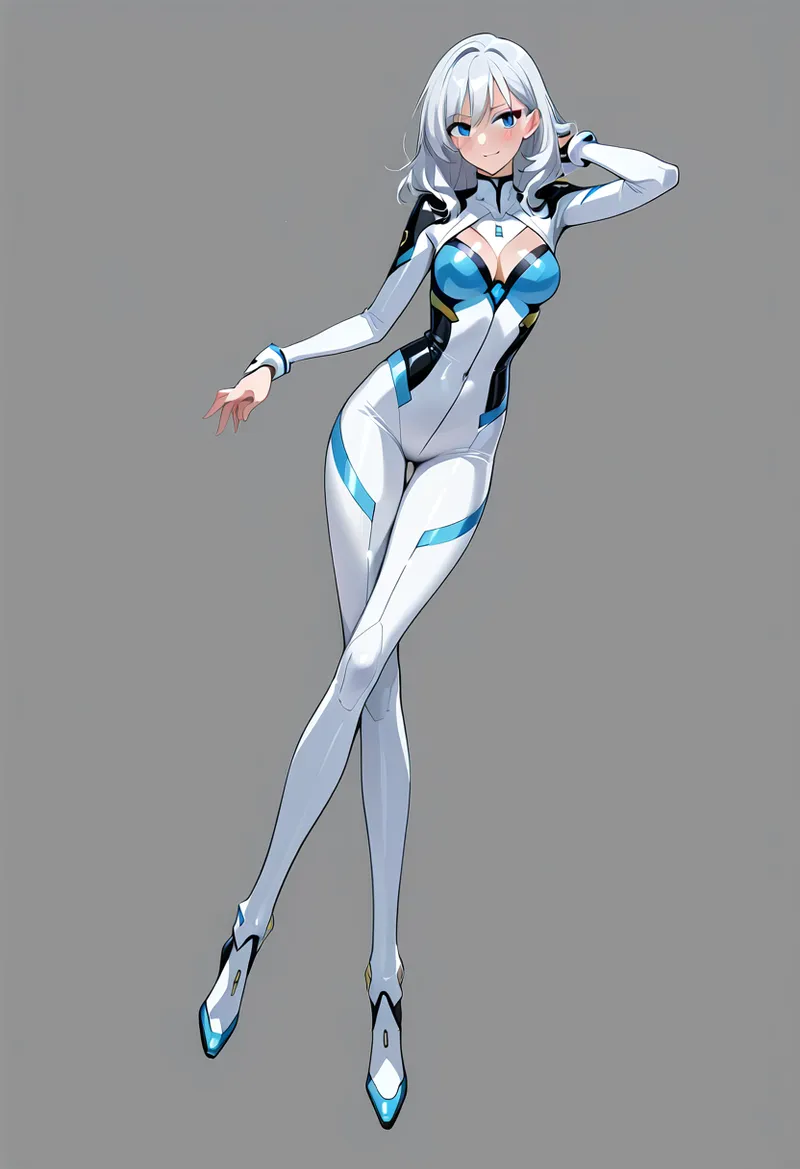 銀白の長髪と澄んだ青い瞳が特徴的な美少女が、白と青のテクノロジックなスーツを身にまとい、自信に満ちた表情でポーズを取るアニメ調イラストです。スタイリッシュなデザインのブーツと洗練されたカラーリングが印象的な一枚。