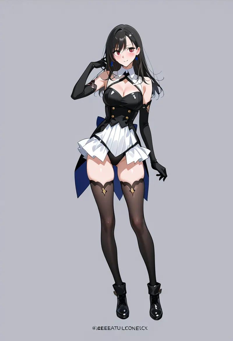 黒いロングヘアと赤紫色の瞳を持つ美少女が、黒と白を基調とした洗練された衣装に身を包み、自信に満ちた表情で立つアニメ調イラスト。黒いロングブーツとストッキング、金色のボタンが施された衣装が特徴です。