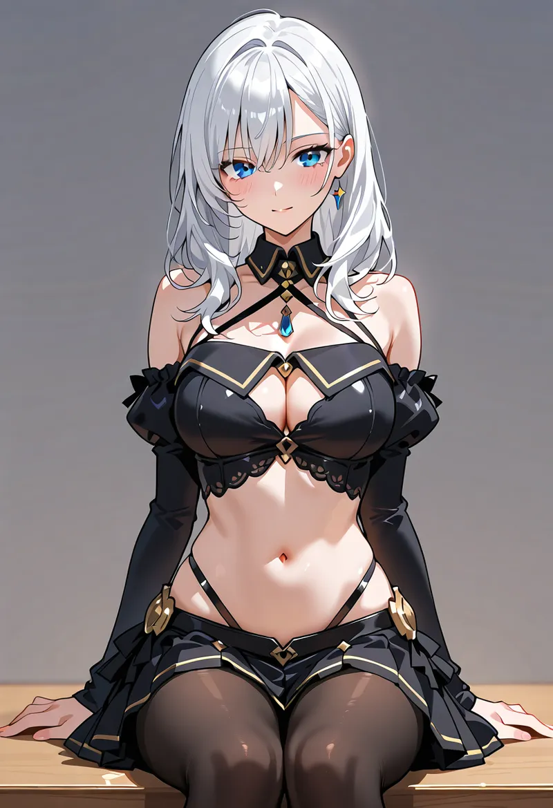 銀色の長髪と透き通るような青い瞳が特徴的な美少女のアニメ調イラストです。黒と金色でまとめた豪華な衣装に身を包み、優雅で神秘的な雰囲気を放つ一枚です。