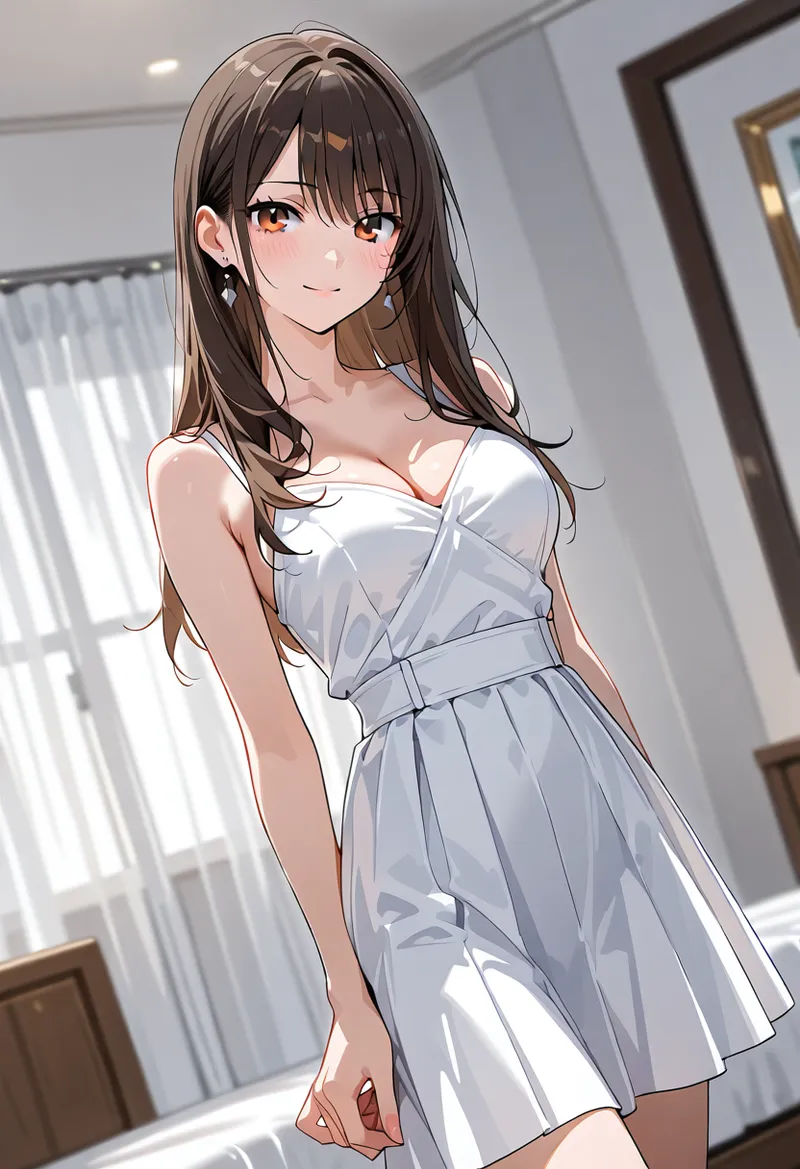 柔らかな光が差し込む室内で、淡いブルーのドレスを身につけた美少女が微笑む。黒髪のロングヘアとオレンジ色の瞳が印象的なアニメ調イラストです。