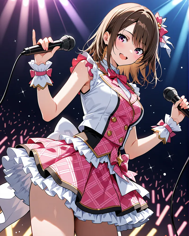 紫と青の照明が降り注ぐステージで、ピンクのチェック柄衣装を身にまとった少女がマイクを握り歌唱しています。白いフリルが装飾されたかわいらしい衣装と、生き生きとした表情が特徴のアニメ調イラストです。