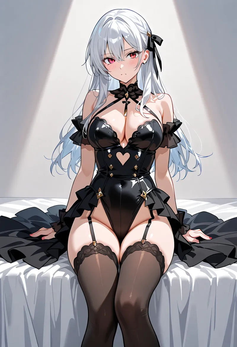 銀色の長髪に黒いリボンを結った美少女が、黒いドレスで優雅に座っています。赤紫の瞳と柔らかな表情が特徴的な、アニメ調のCGイラストです。