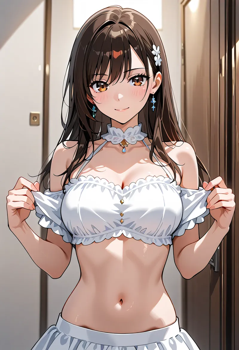 黒髪ロングに白い花飾りを付けた明るい表情の少女が、白いフリルの衣装で優雅に微笑んでいます。ドロップ型の青いイヤリングと装飾的な首飾りが、清潔感あふれるアニメ調のポートレートです。