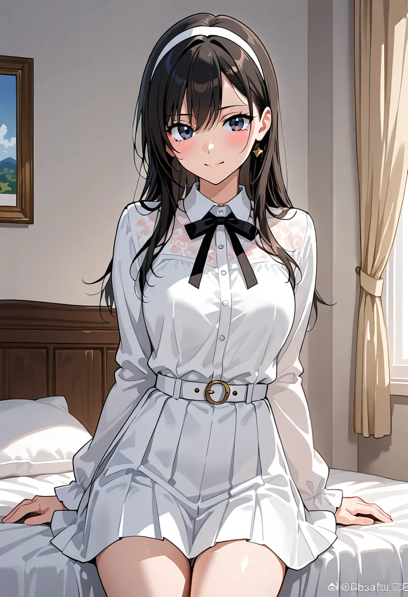 黒髪ロングの清楚な美少女が、白いシャツワンピースに黒いリボンを合わせた装いで、落ち着いた室内でポートレート風に描かれています。青い瞳と淡いチークが印象的な、AI生成による細密なアニメ調作品です。