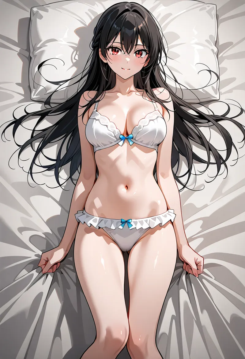 深い赤紫の瞳と流れるような黒髪が印象的な美少女のアニメ調イラスト。白を基調とした洗練された衣装と、ベッドの上での優雅な構図で、落ち着いた大人っぽい魅力が引き出されています。
