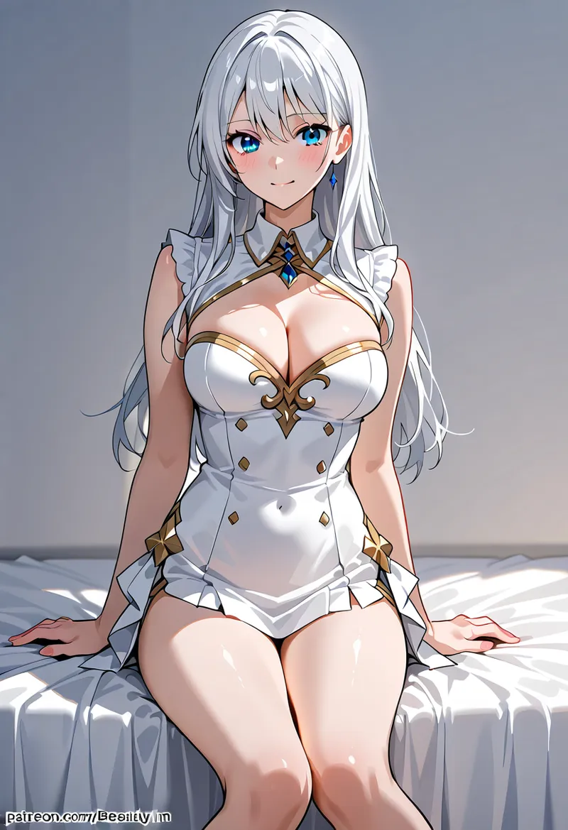 澄んだ青い瞳が特徴の銀髪美少女のアニメ調イラストです。白と金色のエレガントな衣装に身を包み、柔らかい光の中で優雅な表情を見せています。