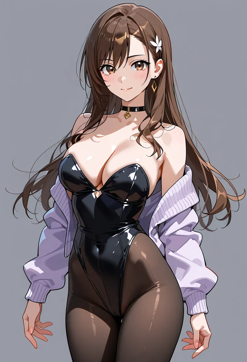 褐色の長い髪に白い花飾りを添えた優雅な表情の美少女イラストです。黒のドレスに紫色のニットカーディガンを合わせた洗練されたコーディネートが印象的で、落ち着いた灰色背景が清潔で上品な雰囲気を演出しています。