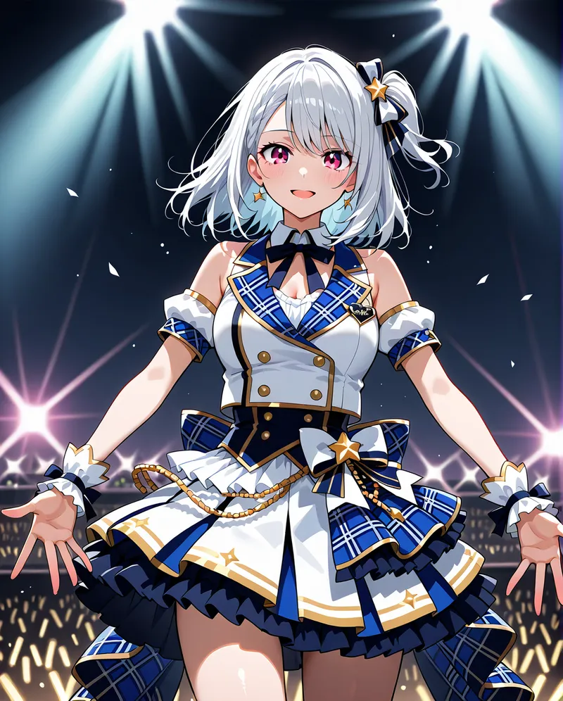銀色のショートボブに黄金のリボンを結んだ美少女が、ステージの眩い照明に包まれながら輝く笑顔を見せます。紺と白のチェック柄衣装に金色の装飾を施した豪華なアイドル衣装を身に纏い、自信に満ちた表情で立つアニメ調イラスト。