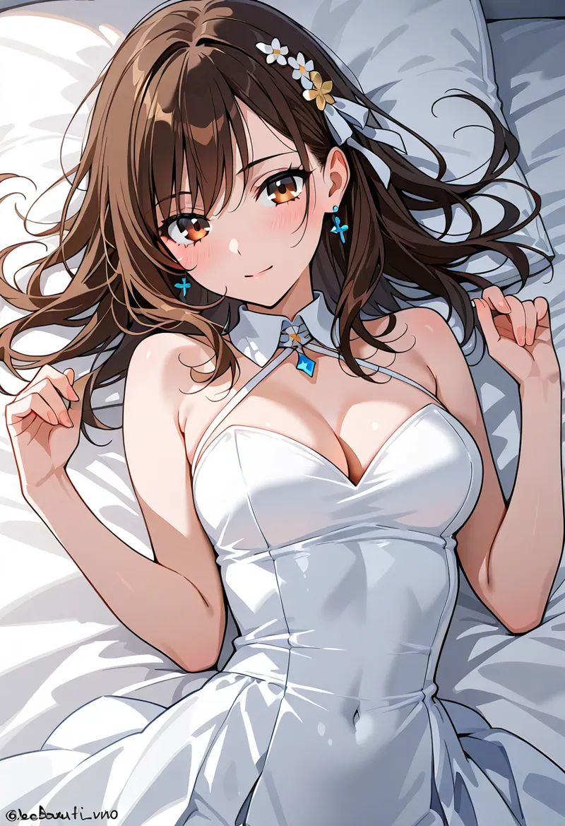 白いワンピースを身にまとい、花飾りを髪に付けた長髪の美少女が、優しい笑顔で振り向く姿を描いたアニメ調イラストです。淡いベージュと白を基調とした色合いと、丁寧なタッチの髪の描写が特徴的です。