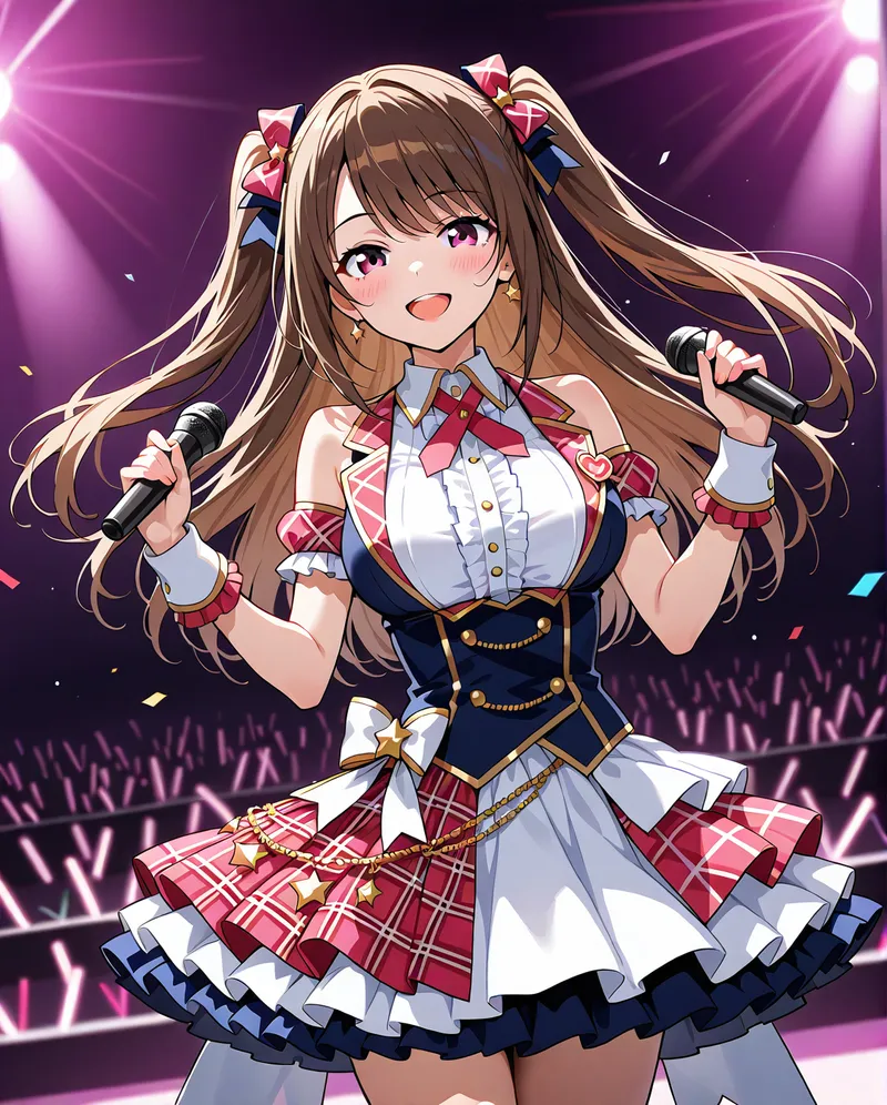 紫のスポットライトが照らすステージで、マイクを握る長髪の美少女イラスト。赤と紺のチェック柄スカートに白いシャツ、リボンとハート型のアクセサリーで彩られた、アイドル風の衣装が印象的です。