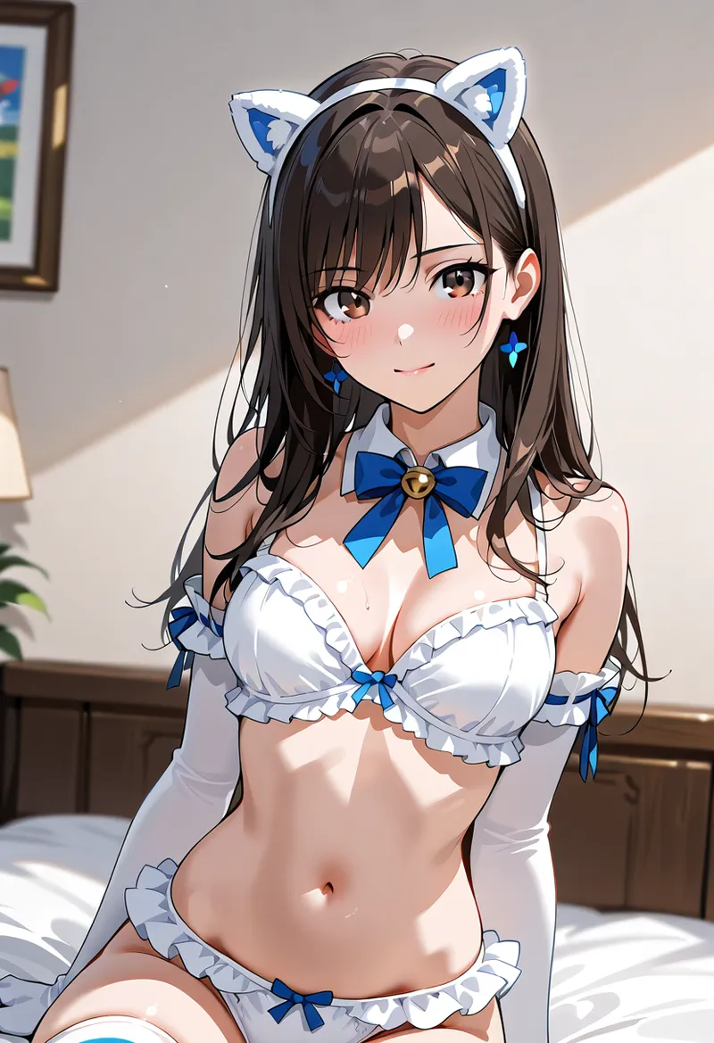 青いリボンと白いレースで統一された、優雅なアニメ調の美少女イラストです。長い黒髪と大きな茶色い瞳の柔らかな表情が魅力的で、室内の自然光が肌に優しく映る構図が特徴です。