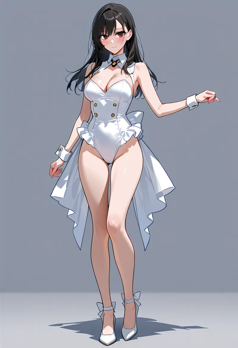 黒い長髪に赤い瞳を持つ美少女が、白いコルセットと裾広がりのドレス、白いショートブーツで優雅に立つ全身ポートレート。グレー背景に浮かぶアニメ調のキャラクターイラストです。