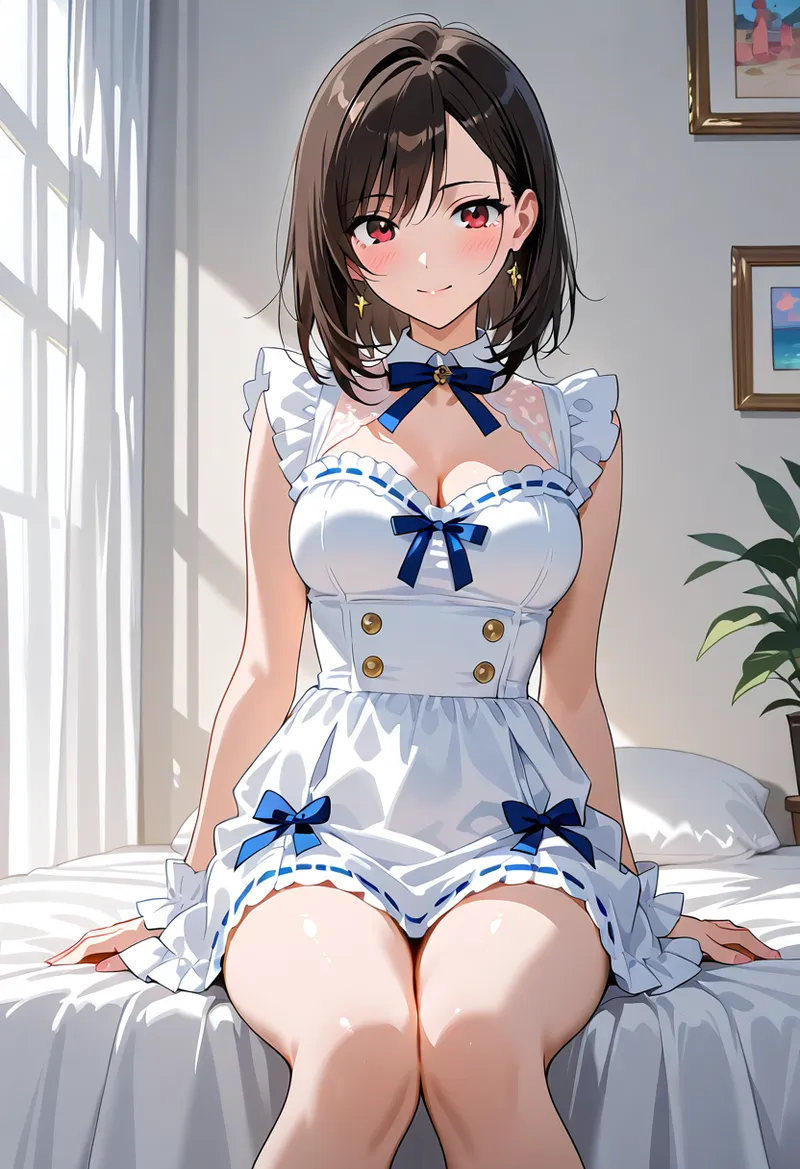 紅い瞳と黒髪が印象的な美少女が、白とブルーのフリルドレスを身に纏ったアニメ調イラスト。窓からの光が柔らかく差し込む室内で、清潔感あふれる上品な表情を浮かべています。