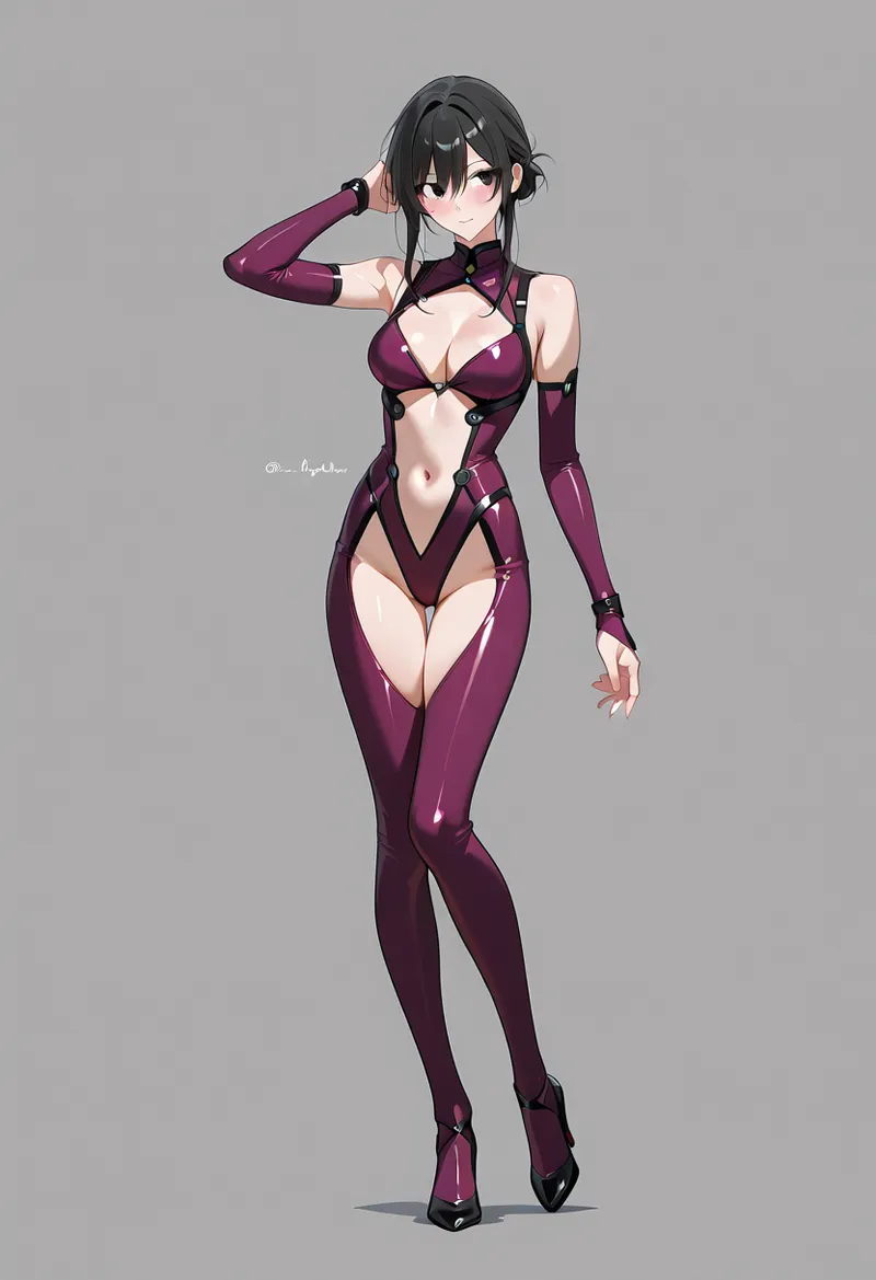 深紫色の光沢感のあるスーツを身に纏った黒髪の美少女が、柔らかい笑顔で上向きの視線を向けています。グレーの背景に映える洗練されたキャラクターイラストです。
