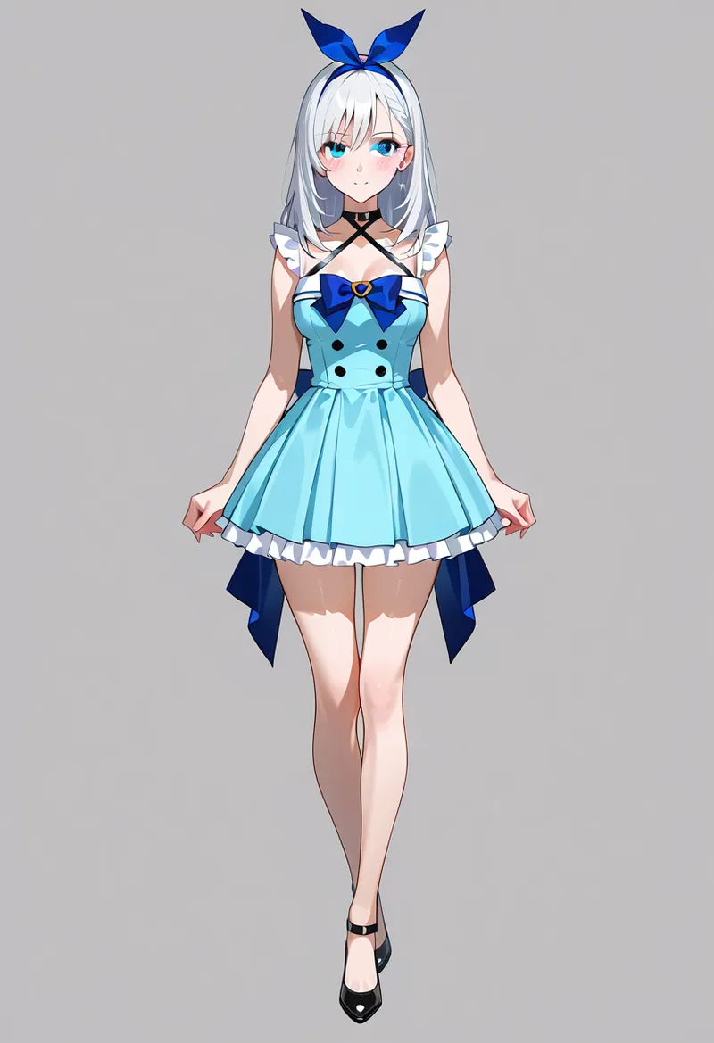 白髪にターコイズブルーのドレスを合わせた清潔感のある美少女イラスト。深い青色のリボンと白いフリルの装飾が上品で、綺麗な瞳と穏やかな表情が印象的です。