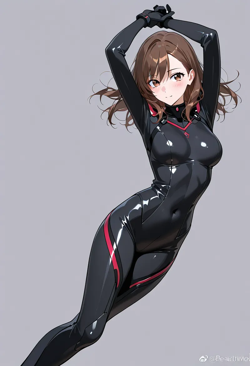 茶色いウェーブヘアと赤いアクセントが特徴的な黒いフォーマルスーツを着た美少女のイラストです。腕を頭上に上げた優雅なポーズと、明るい瞳の表情が印象的なアニメ調のキャラクターイラスト。