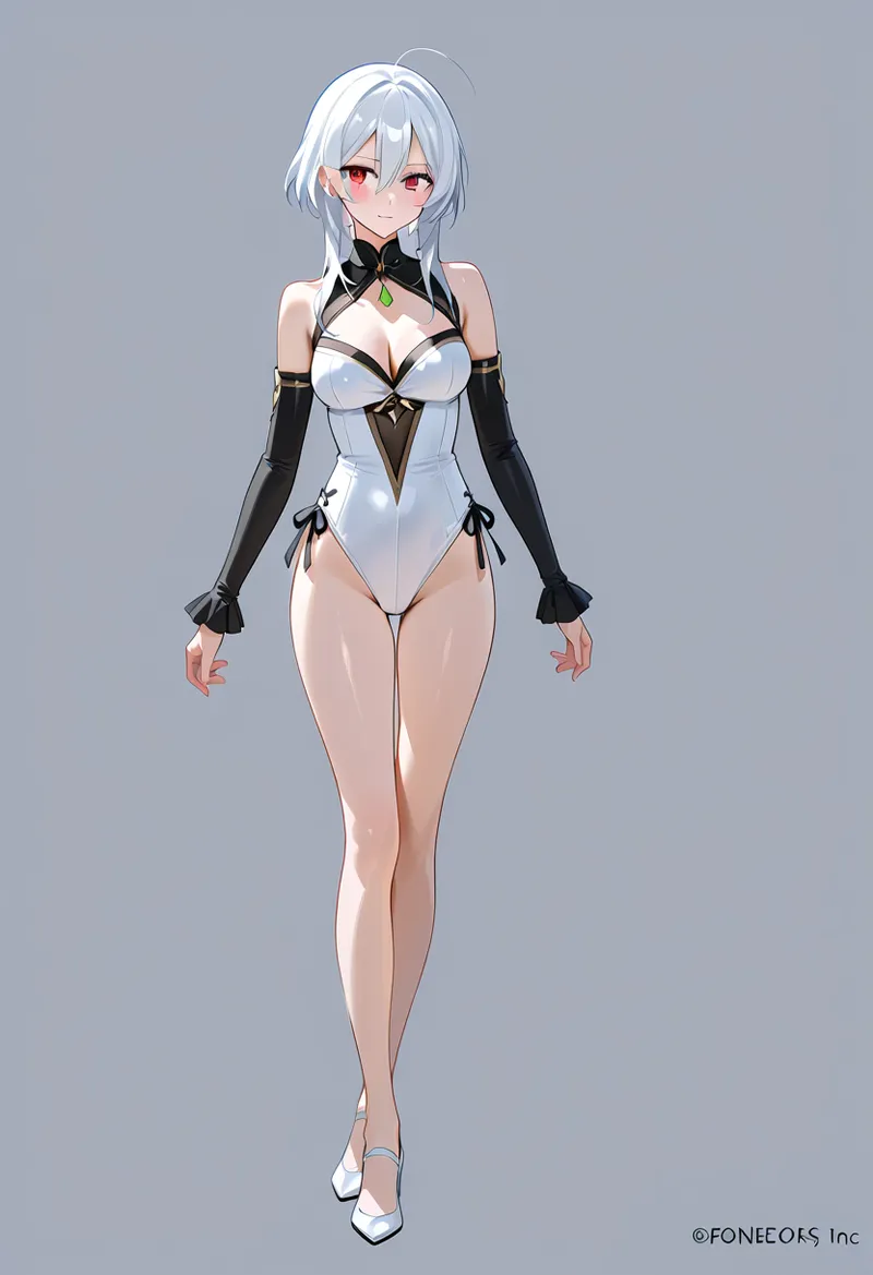 銀白色のショートヘアと赤い瞳が印象的な美少女のアニメ調イラストです。黒と白のエレガントな衣装に黒いロンググローブを合わせた洗練されたキャラクターデザインで、落ち着いた灰色背景に映える全身ポートレートとなっています。