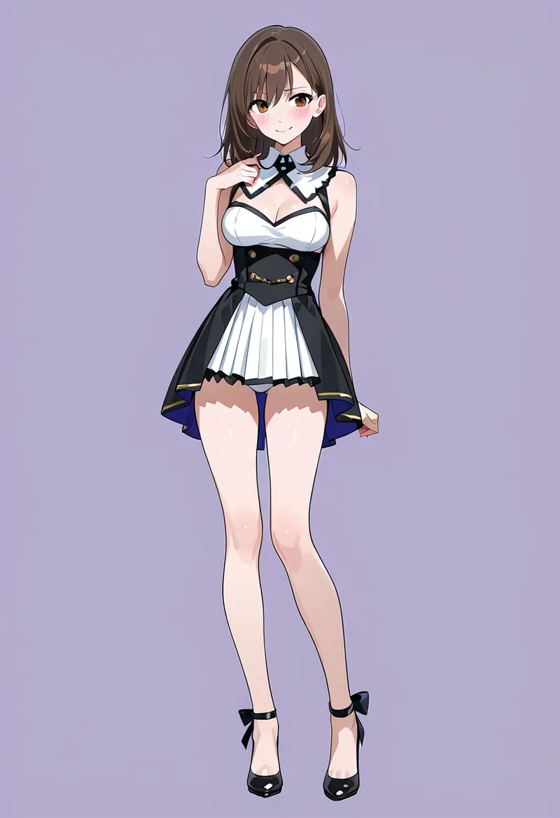 紫色の背景に映える黒白配色のメイド風ドレスを纏った少女のポートレートです。白いエプロンと黒いコルセット、リボンのヘッドピースで上品にまとめられており、黒いリボン付きのハイヒールが全体を引き締めています。